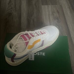 Lacoste White Sneakers with Pink, Yellow, and Teal Accents